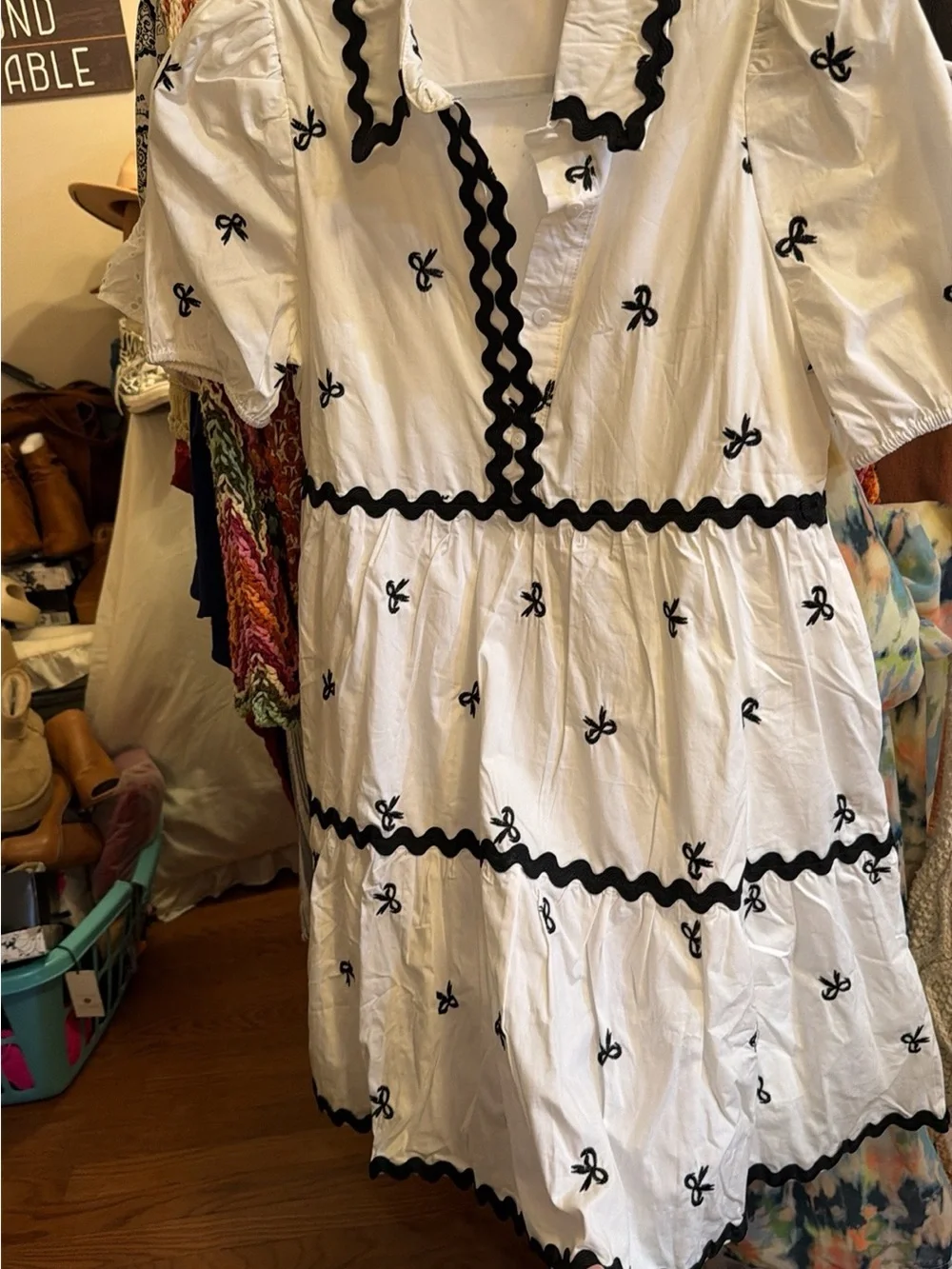 C White Midi Dress with Black Rickrack Trim and Bow Embroidery - Picture 2 of 3